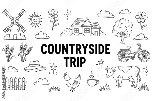Countryside trip illustrations featuring farmhouse, windmill, and farm animals