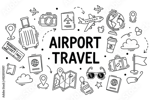 Airport travel icons: luggage, passport, airplane, globe, map, sunglasses