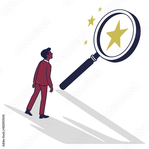 Businessman looking for success and recognition through a magnifying glass showing a golden star