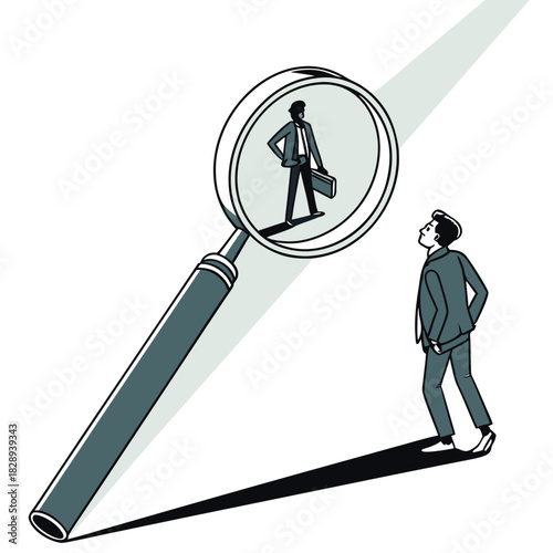 Businessman looking at himself magnified through a large magnifying glass symbolizing self reflection and personal growth