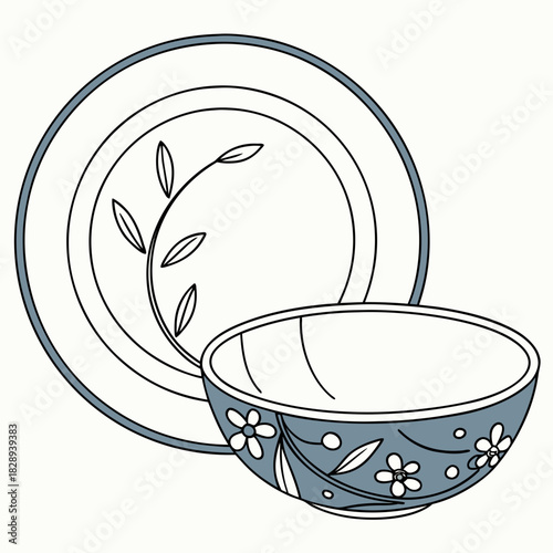 A simple illustration of a plate and bowl with floral and leafy designs in blue and white