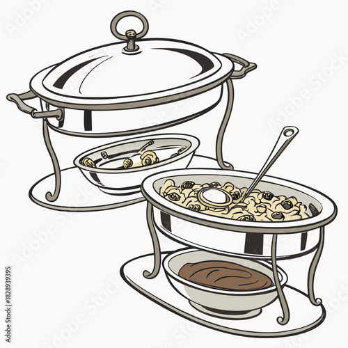 Two elegant chafing dishes filled with food and a ladle ready for serving at a buffet