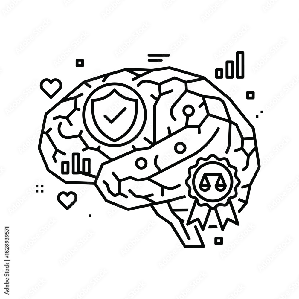 Obraz premium Brain with security, ethics, and data icons for intelligence.