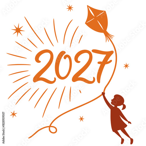 Little girl flying a kite with the year 2027 written on it with festive fireworks