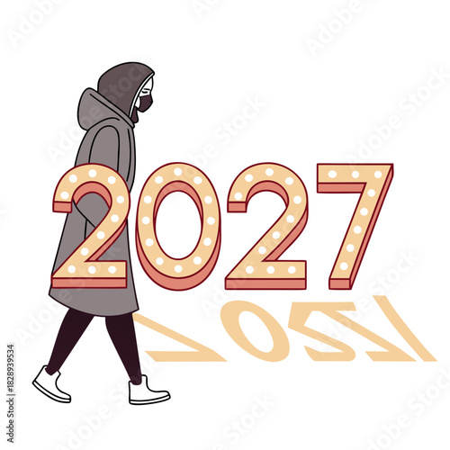 Stylized illustration of a person wearing a face mask and hood walking past illuminated year 2027 numbers