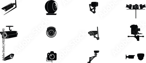Abstract black and white image of various CC CAMERA objects and shapes on white background