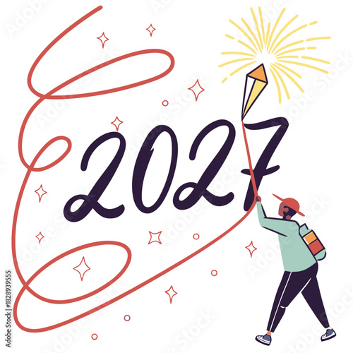 Person holding a sparkler to celebrate the arrival of the new year 2027 with fireworks and confetti