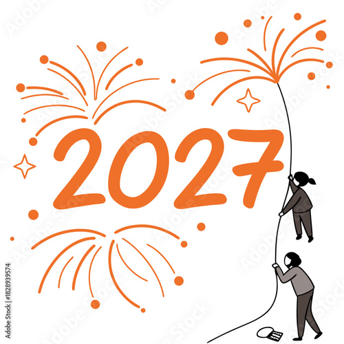 Two people pull a rope to ignite fireworks above the year 2027 celebration