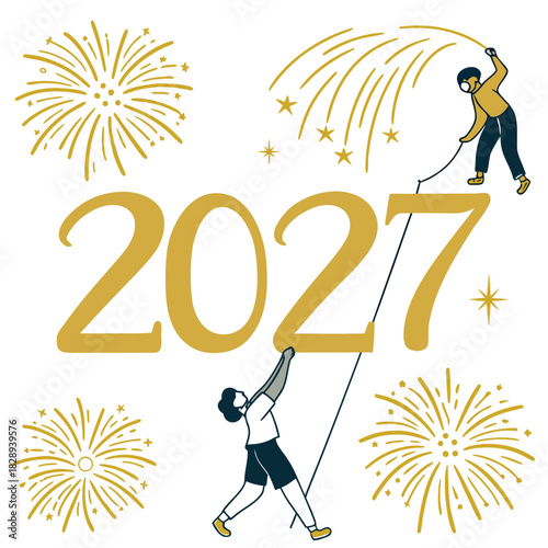 Two people celebrating the arrival of the new year 2027 with fireworks and stars