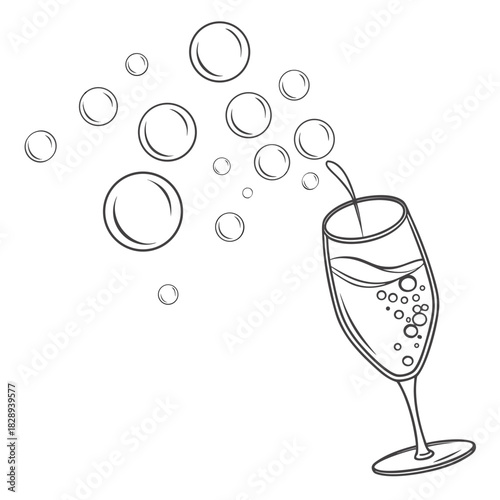 Line art illustration of a champagne flute with effervescent bubbles rising and floating away