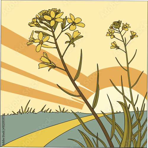 Stylized illustration of yellow rapeseed flowers blooming at sunrise along a rural road