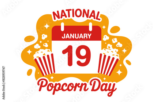 National popcorn day celebration, january 19th calendar and tasty snack illustration.