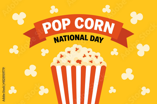 Popcorn national day celebration graphic with striped bucket, red banner, and kernels.