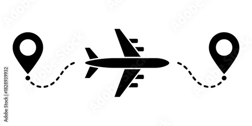 Airplane flying between two location pins, illustrating global travel flight route concept.