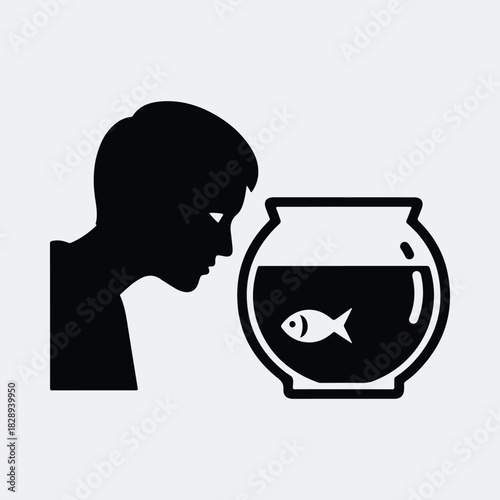 Silhouette boy looking at goldfish in fishbowl vector illustration