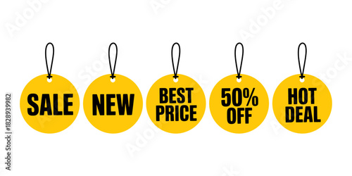 Yellow promotional sale tags offering new, best price, 50% off, and hot deal messages.