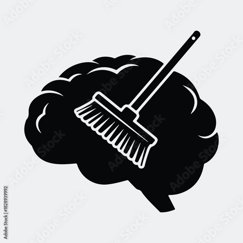 Silhouette brain being cleaned using broom vector illustration