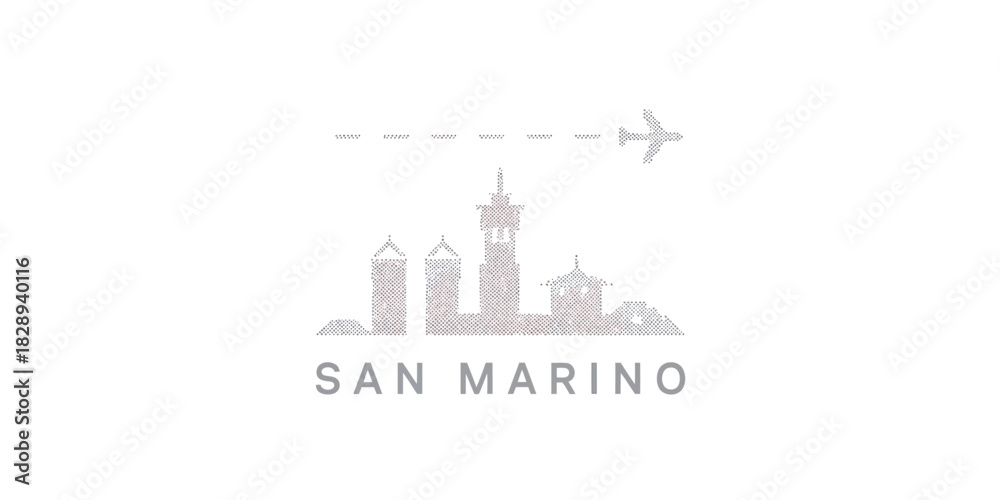 Obraz premium San marino city skyline travel concept, airplane and dotted flight path outline icon