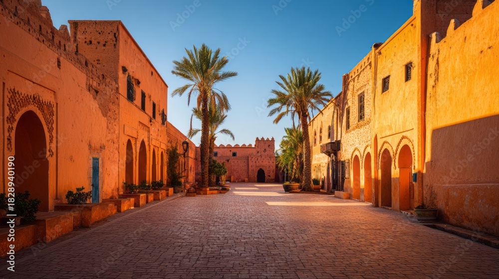 Obraz premium Sunlit Desert Medina Street with Palm Trees and Traditional Architecture. AI generative