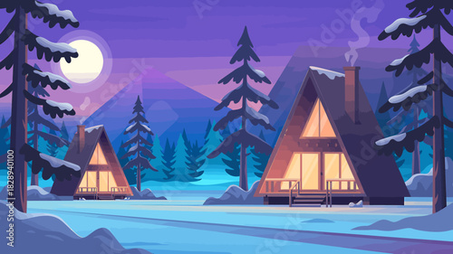 Cozy a-frame cabins nestled in a snowy winter forest under a full moon at nightfall