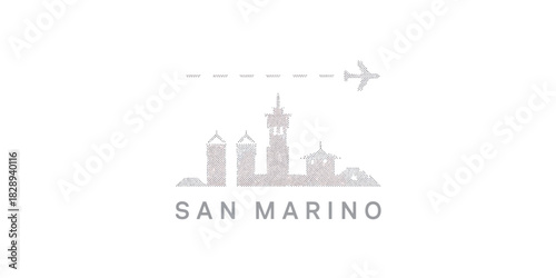 San marino city skyline travel concept, airplane and dotted flight path outline icon