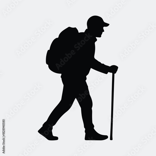 Silhouette hiker trekking with backpack and walking stick vector illustration
