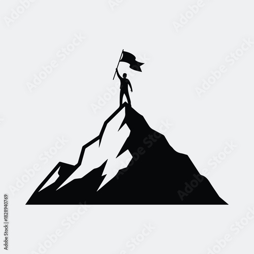 Silhouette man conquering mountain peak holding flag success vector illustration