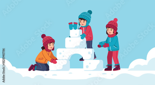 Children having a blast crafting delightful snow structures during wintertime fun