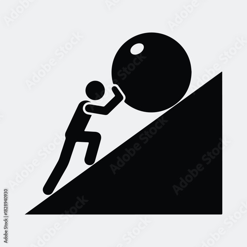 Silhouette man pushing a rock uphill obstacle success concept vector illustration