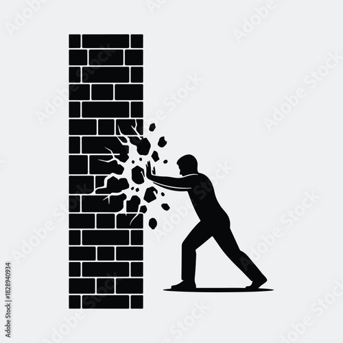 Silhouette man pushing brick wall with crumbling stones vector illustration