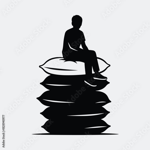 Silhouette man sitting on pillows stack relaxation vector illustration