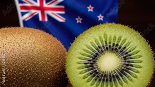 New Zealand's Iconic Kiwi Fruit and Flag Representing National Identity and Global Export Success.