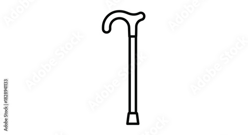 Simple black line art illustration of a classic walking cane, providing support and stability for mobility, isolated on a white background.
