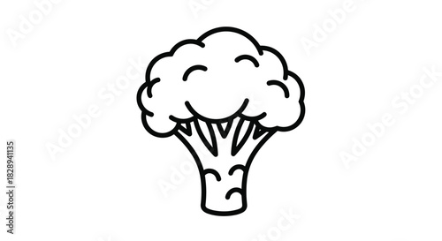 A cheerful and simple line drawing of a broccoli floret with a friendly expression, isolated on a white background.