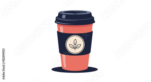 Stylized pixel art illustration of a coral pink takeaway coffee cup with a dark blue lid and sleeve, featuring a plant leaf logo.