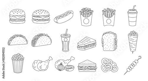 Line art vector illustration set featuring a diverse range of popular fast food and snack items on a white background.