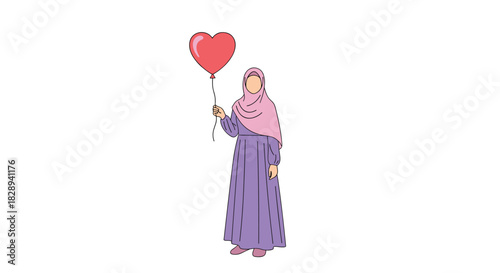 A stylish young woman wearing a pink hijab and purple dress holds a red heart balloon, symbolizing love and joy on a white background.