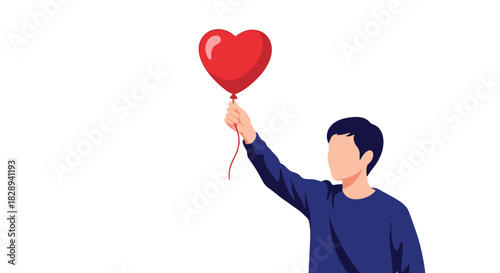 An illustrated person holding up a vibrant red heart-shaped balloon, symbolizing love, care, and happiness.