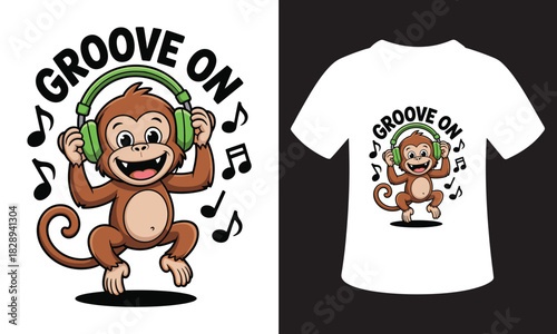 Happy monkey wearing headphones and dancing to music with text groove on