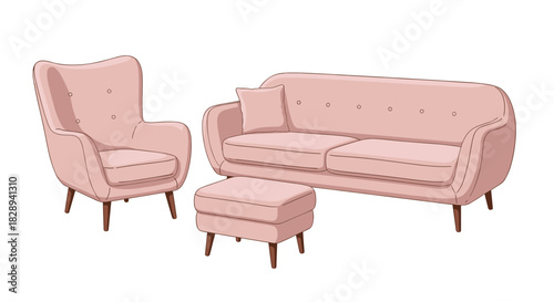 Pink living room furniture set featuring a stylish armchair, a comfortable three-seater sofa, and a matching ottoman, isolated on a white background.