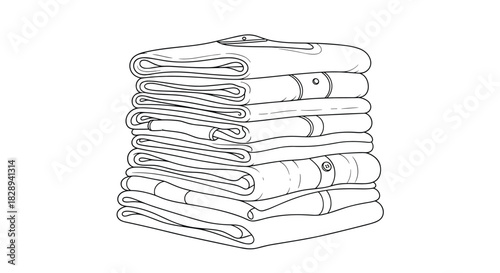 A line art illustration depicting a neatly folded stack of various garments, including shirts and pants, against a clean white background.