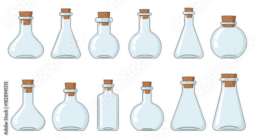 A collection of various empty clear glass bottles and flasks with cork stoppers, showcasing a range of shapes and sizes.