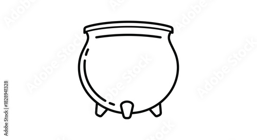 A simple black and white line art illustration of a classic witch's cauldron, a round pot with three legs, often used for brewing potions or cooking.