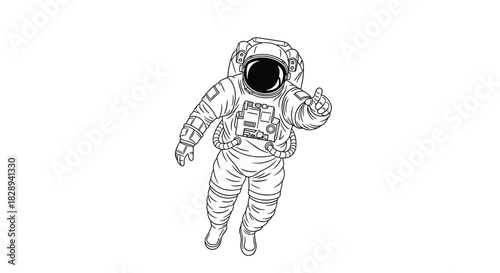 Detailed black and white line art illustration of an astronaut in a spacesuit, floating in zero gravity and pointing their finger up.