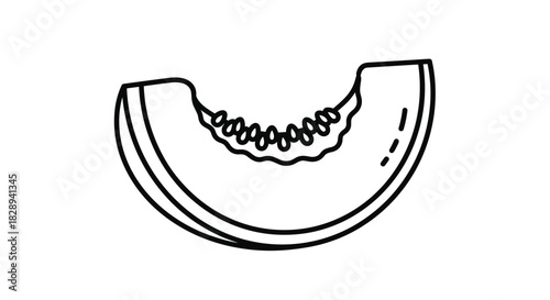 A black and white line art illustration of a ripe melon slice with visible seeds, depicted as a simple graphic icon.