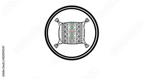 Decorative pillow with tassels and geometric patterns, enclosed within a double black circle, on a clean white background.