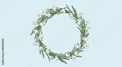 A delicate hand-drawn wreath of white snowdrop flowers and green leaves on a soft blue background, symbolizing purity and new beginnings.