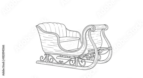 Detailed line drawing of a traditional vintage sleigh with ornate scrollwork, an upholstered seat, and classic design elements, isolated on a white background.