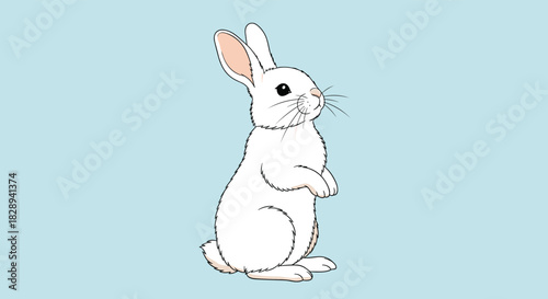 An adorable white rabbit illustration stands upright on a simple light blue background, showcasing its innocent gaze and soft fur.