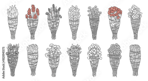 Hand-drawn illustrations of herbal smudge sticks and botanical bundles, featuring various plants for spiritual cleansing and natural wellness.